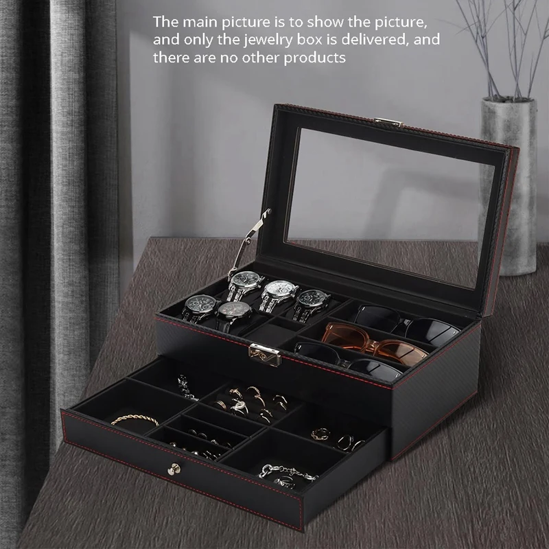 Watch Box, Mens Jewelry Box With 6 Slot Watch Case & 3 Slot Sunglasses Organizer, 2 Layers Lockable Watch Holder