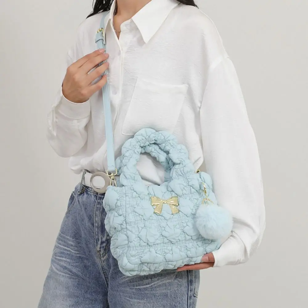 Simple Korean Style Bow Crossbody Bag Pleated Puffer Space Cotton Shoulder Bag Square Fluffy Ball Bubble Cloud Handbag Girls