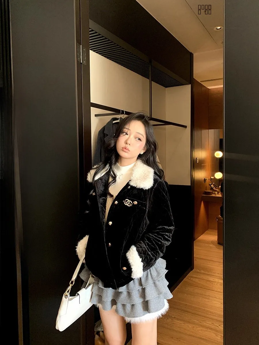 

Winter Thiened Velvet Cotton Jaet Women's Turn-down Collar Quilted Slim Fit Coat Long Sve Regular Length Single Button