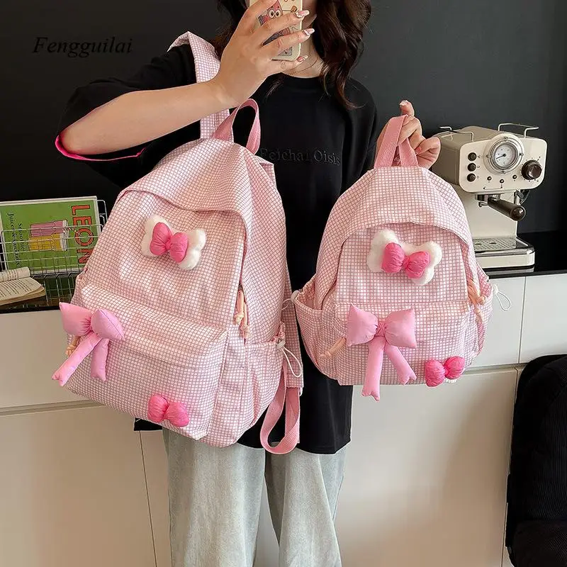

Women's Pink Gingham Backpack with 3D Bow Decor - Cute Kawaii School Bag for Students