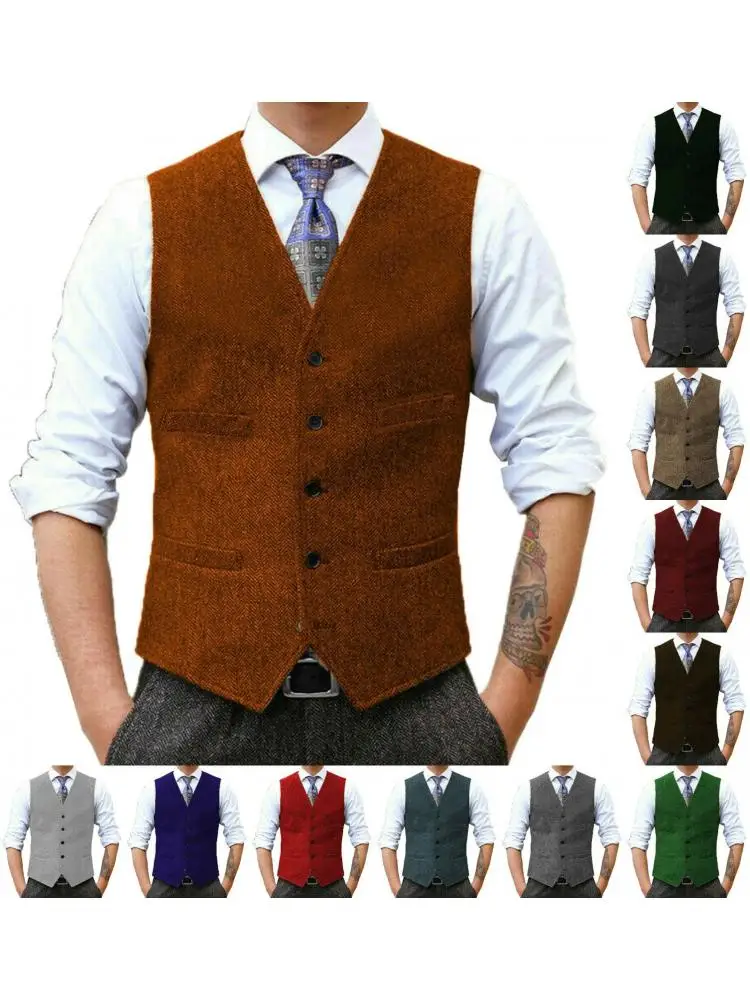 

2024 Men's Vest Black Herringbone Wool Tweed V Neck Retro Tooling Waistcoat Satin Stitching Wedding Business Vests For Men