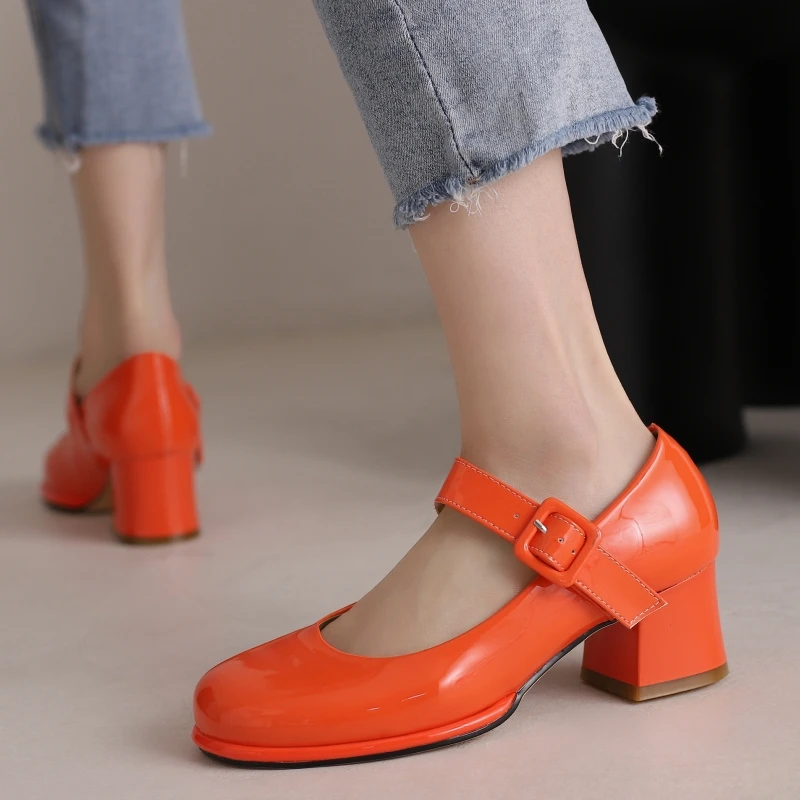 

Square Low Heels Mary Janes Shoes Woman Black White Red Heeled Dress Pumps Large Size Office Party Wedding Shoes Female Designer