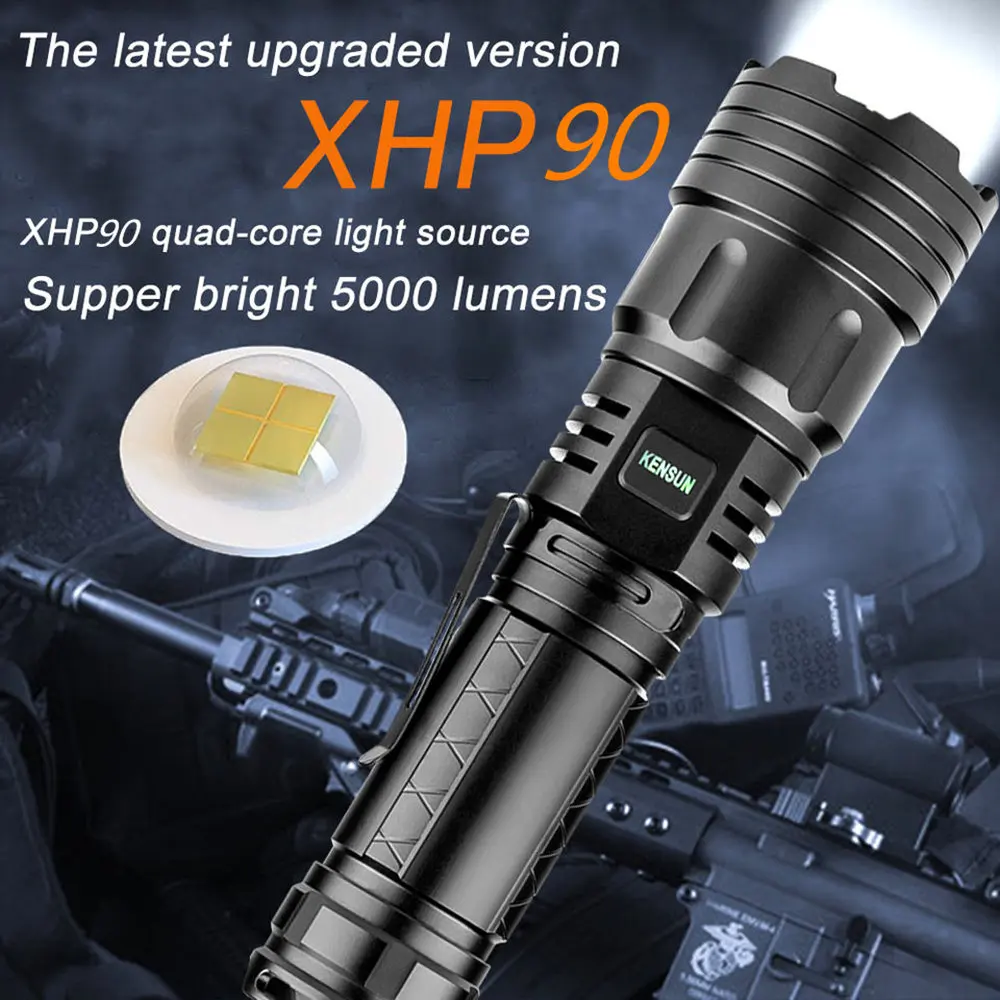 Powerful XHP90 LED Flashlight High Lumen Lantern Type-C USB Rechargeable Strong Light Lamp Tactical Torch For Camping Fishing