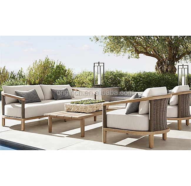 

Luxury Design Outdoor Furniture Distinctive Open Weave All-Weather Wicker Seat Backs Handcrafted Teak Wooden Sofa Sets