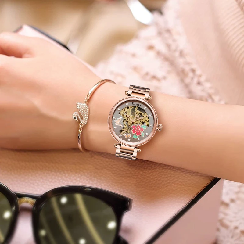 Deesio Brand Design Luxury Women Automatic Mechanical Watches Stainless Steel GMT Watch Top Brand Hollow Sapphire Glass reloj