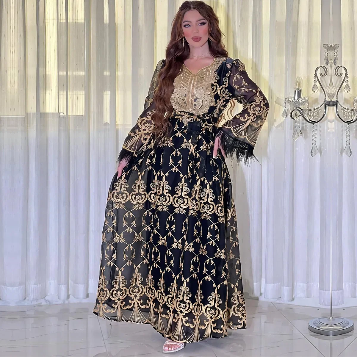 Summer Muslim Party Evening Dresses for Women Elegant Muslim Long Sleeve V-neck Embroidery Long Dress Dubai Abaya Kaftan Dress