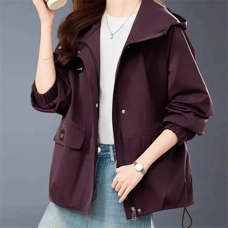 

Spring Autumn Lady Large Size 4XL Lined Tops 2025 High-end Women Fashion Windbreaker Coat Korean Female Hooded Trench Jacket