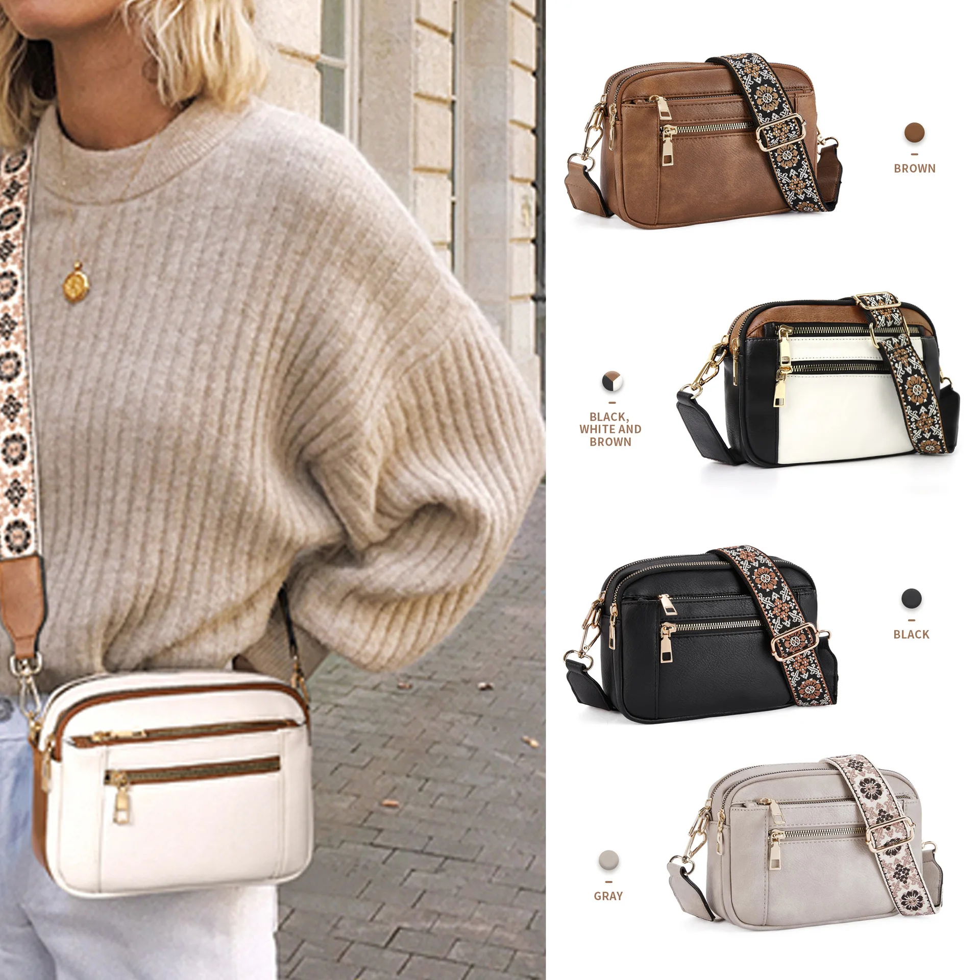 

Stylish Wide Shoulder Strap Leather Crossbody Bag States Color Matching Zipper Small Square Shoulder Bag Suitable for Daily Use