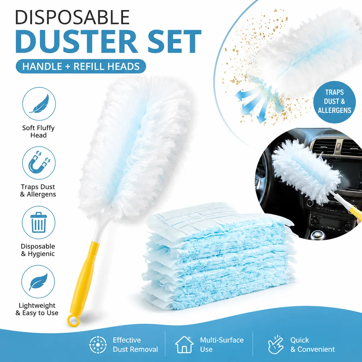 Electrostatic Disposable Duster Set with Handle Refill Heads for Car Interior Home Furniture Blinds Shelves Dust Hair Cleaning A