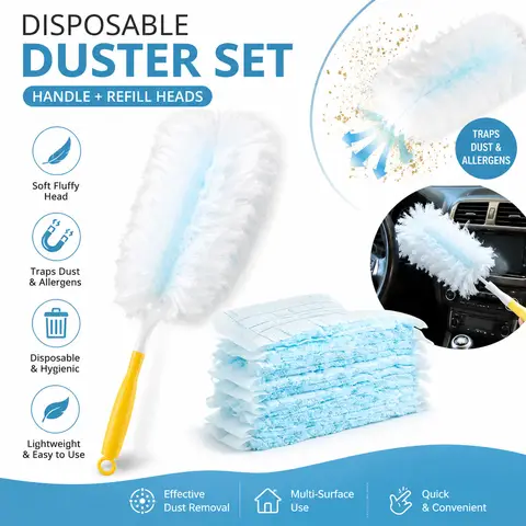 Electrostatic Disposable Duster Set with Handle Refill Heads for Car Interior Home Furniture Blinds Shelves Dust Hair Cleaning A