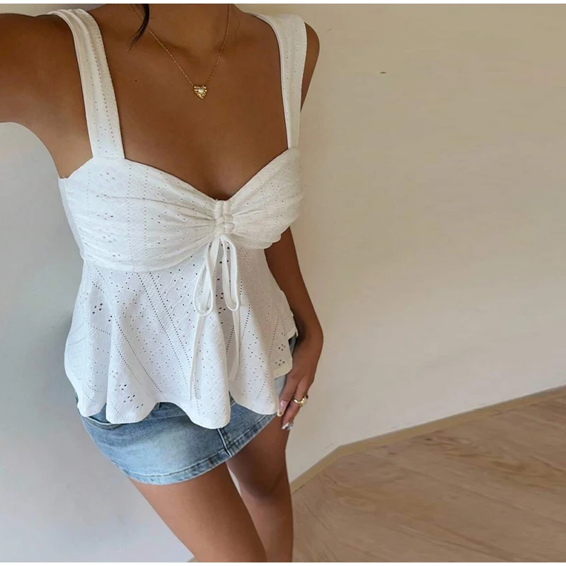 Débardeur femme col cœur dos nu plissé avec nœud, coupe trapèze, style Y2K, mignon, sexy, doux et confortable, idéal pour la plage