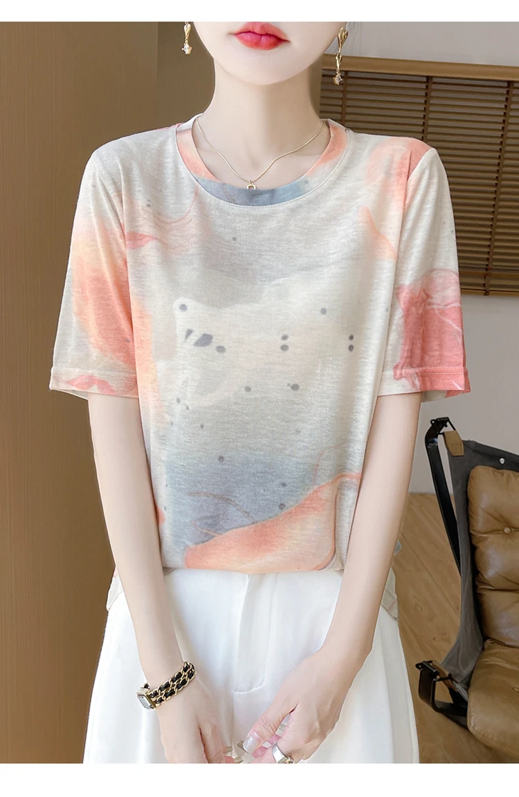 Summer Round Neck Acetic Acid Satin Short Sleeve T-shirt Women's Simple Half Sleeve White Blouse With Thin Inside