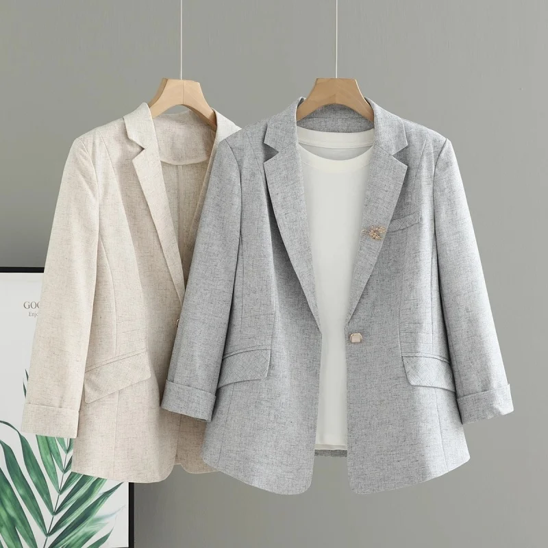 Short Cotton Linen Suit For Women Summer 2025 New Korean Version Slim Fit Nine Quarter Sleeve Blazer Jacket w004