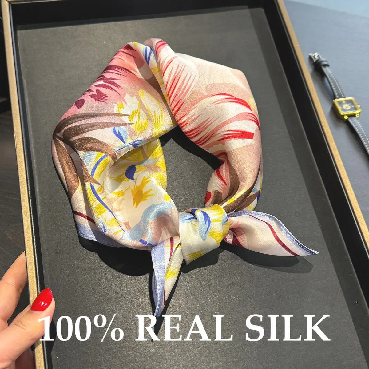 Neuer 100% Echter Seidenschal für Damen Luxuriöser Hochwertiger Sonnenschutz Atmungsaktiver Quadratischer Schal Haarband Foulard Bandana Halstuch