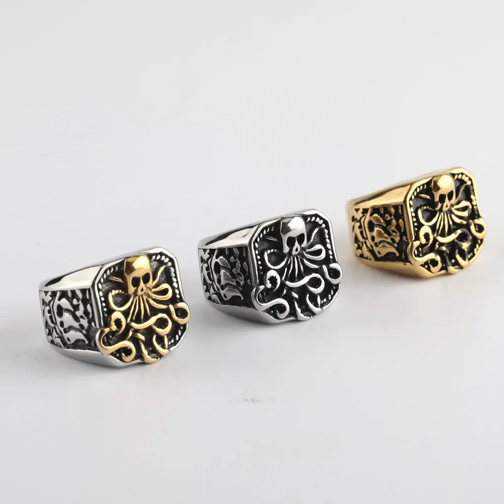 New Retro Punk Cthulhu Octopus Skull Ring for Men Gold color Trend Gothic Rock Motorcycle Rider Jewelry Gift Wholesale