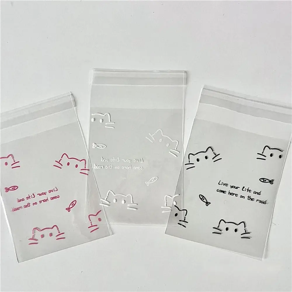 50PCS Self Sealing Bag Cute Cartoon Cat Print Biscuit Snack Package Candy Bags Jewelry Sealing Bag Album Card Storage Pocket