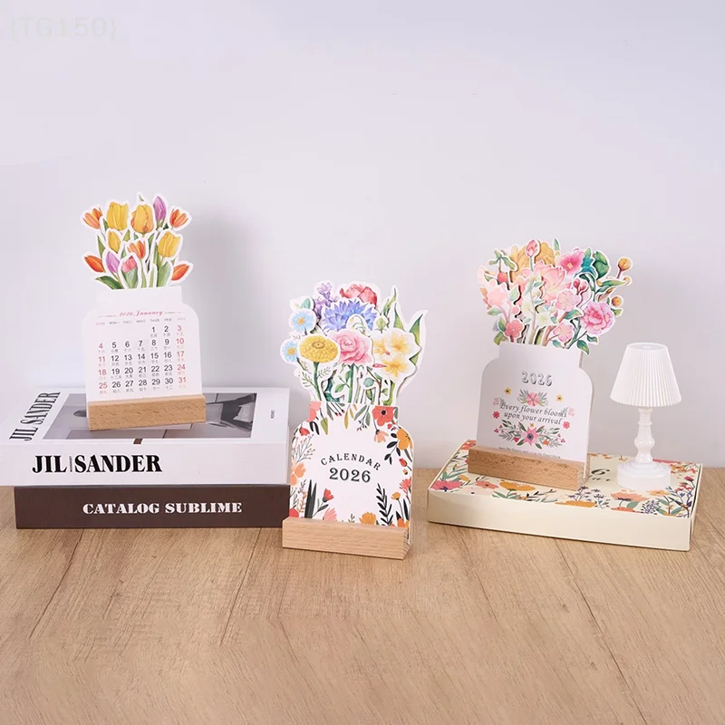 

【F2-TG150】2026 Bloomy Flowers Desk Calendar with Wooden Base - Monthly Planner Card Insert Organizer Home Office Table Decor