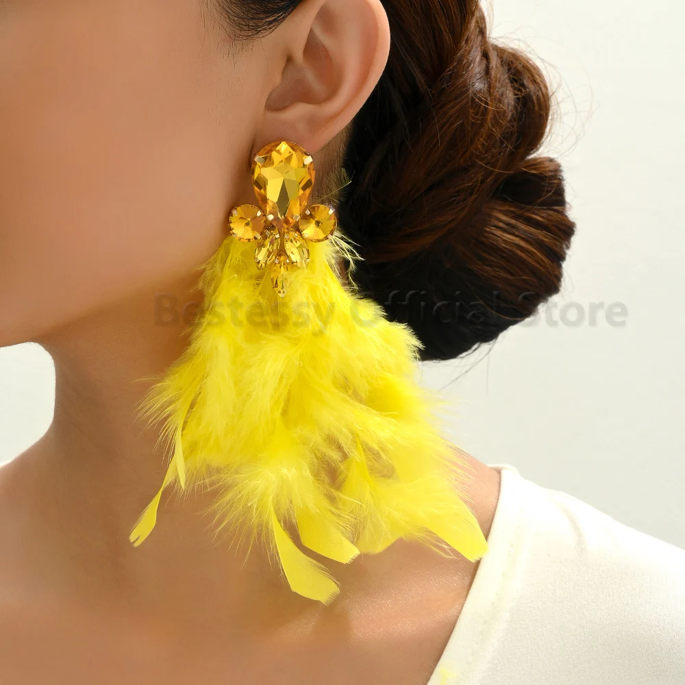 Colorful Glass Long Feather Drop Dangle Earrings For Women Luxury Trendy Handmade Pendientes Romantic Wedding Bride Jewelry Gift