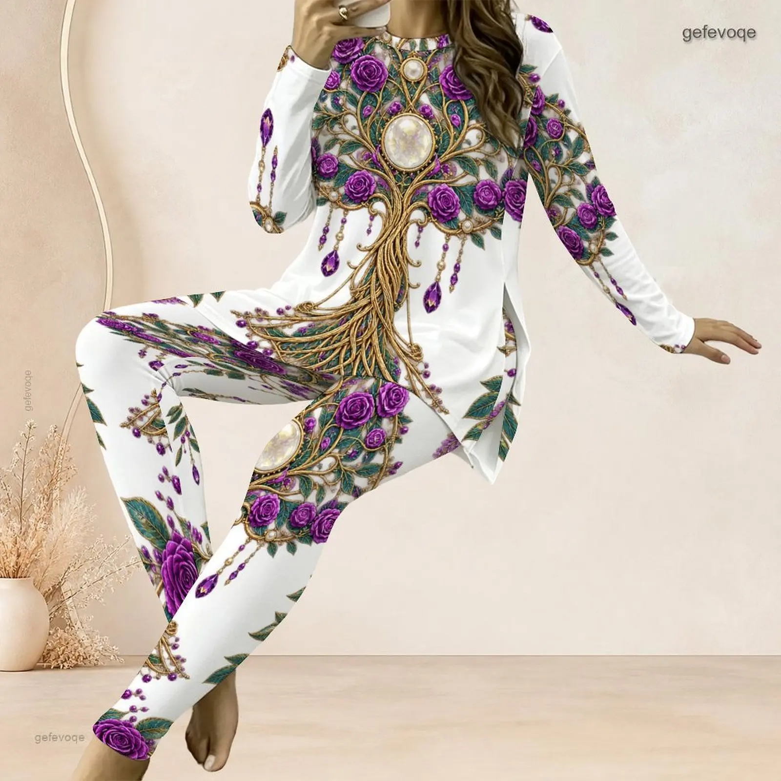 Women White Purple Rose Golden Tree Print Round Neck Long Sleeve Top + Leggings Two Piece Set