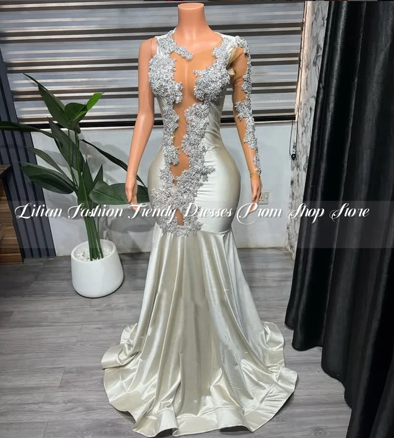 Delicate One Shoulder Sleeve Prom Dress Silver Elegant Diamante Applique See Mesh Party Customized вечернее платье женское