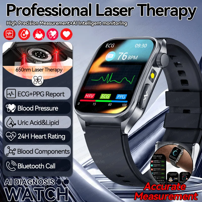 

2025 Health Tracker 650nm Laser Therapy ECG+PPG Smart Watch Men Uric Acid Blood Fat Heart Rate Blood Pressure BT Call Smartwatch