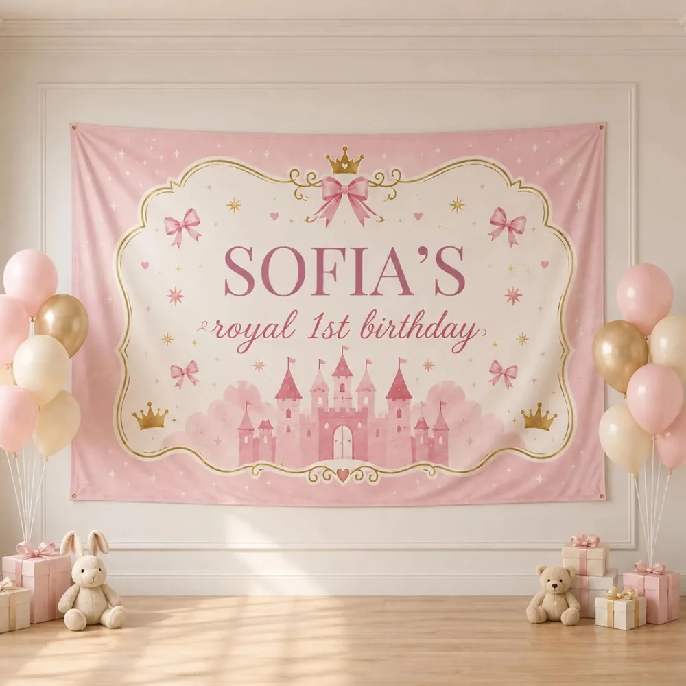 Royal First Birthday Backdrop Personalized Baby Girl Name Fabric Banner Pink Castle Crown Bow Party Photo Booth Decor view 6