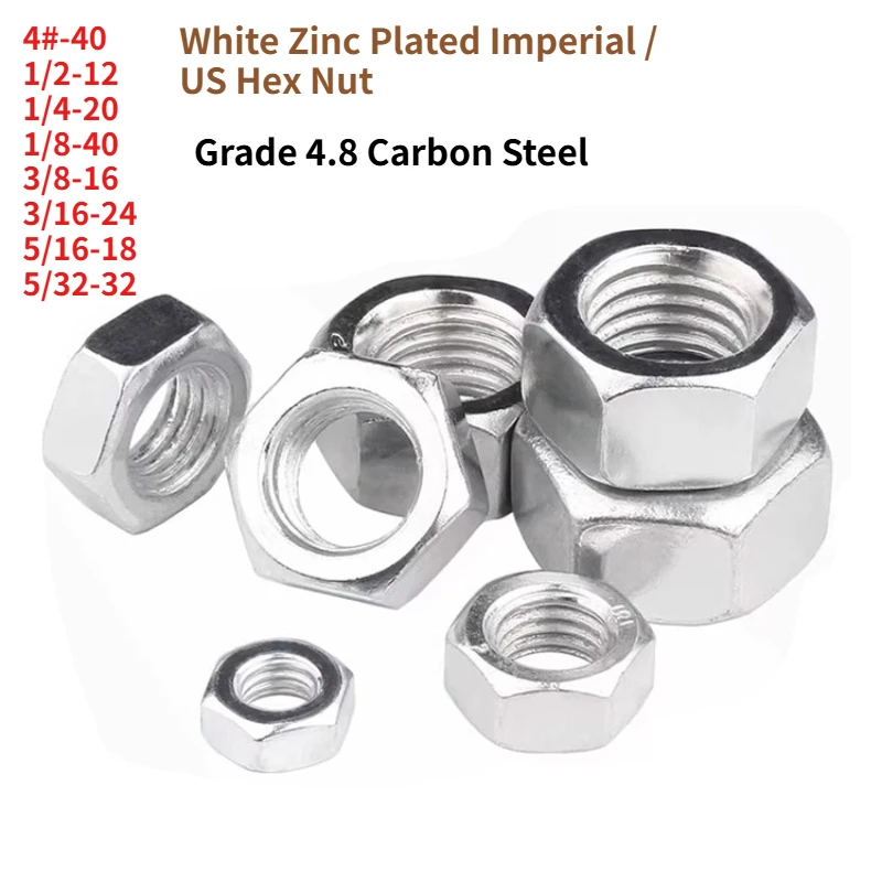 White Zinc Plated UNC UNF Hex Nut ANSI B18.2.2, Carbon Steel Inch Imperial Hexagon Nut, Anti‑Corrosion Fastener 4#-40 1/2-12