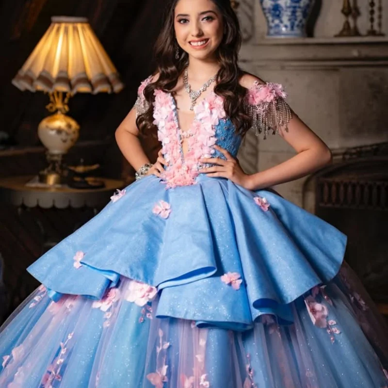 

Небесно-голубое платье Quinceanera, кружевное многослойное платье с открытыми плечами, длинный хвост, тюль, 3D цветок, платья de 15, Quinceanera ﻿ Индивидуальный