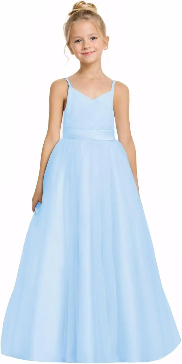 플라워 걸 스파게티 스트랩 V넥 튤 프린세스 파티 드레스 A라인 첫 영성체 볼 가운 여자아이 드레스