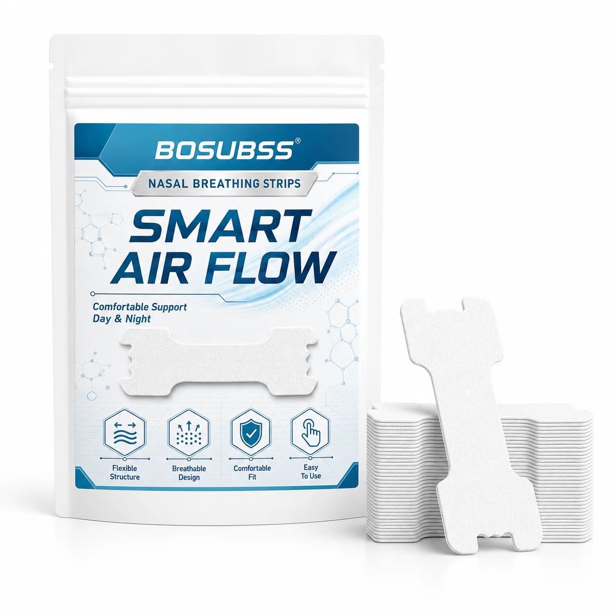 BOSUBSS 50Pcs Drug-Free Nasal Strips, Flexible Fit Nasal Breathing Strips Easy to Apply for Better Sleep Nasal Support