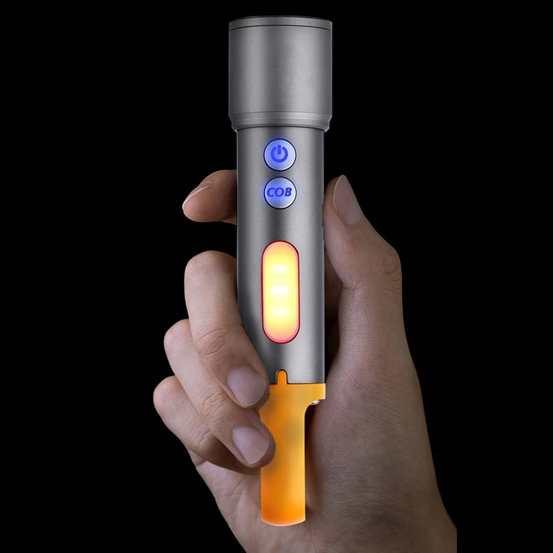 ไฟฉาย LED แบบชาร์จไฟได้แบบ USB ไฟฉาย LED แบบซูมได้พร้อมด้วยไฟสปอตไลท์ด้านข้างแบบ COB สำหรับกลางแจ้งทนทานติดตั้งง่าย