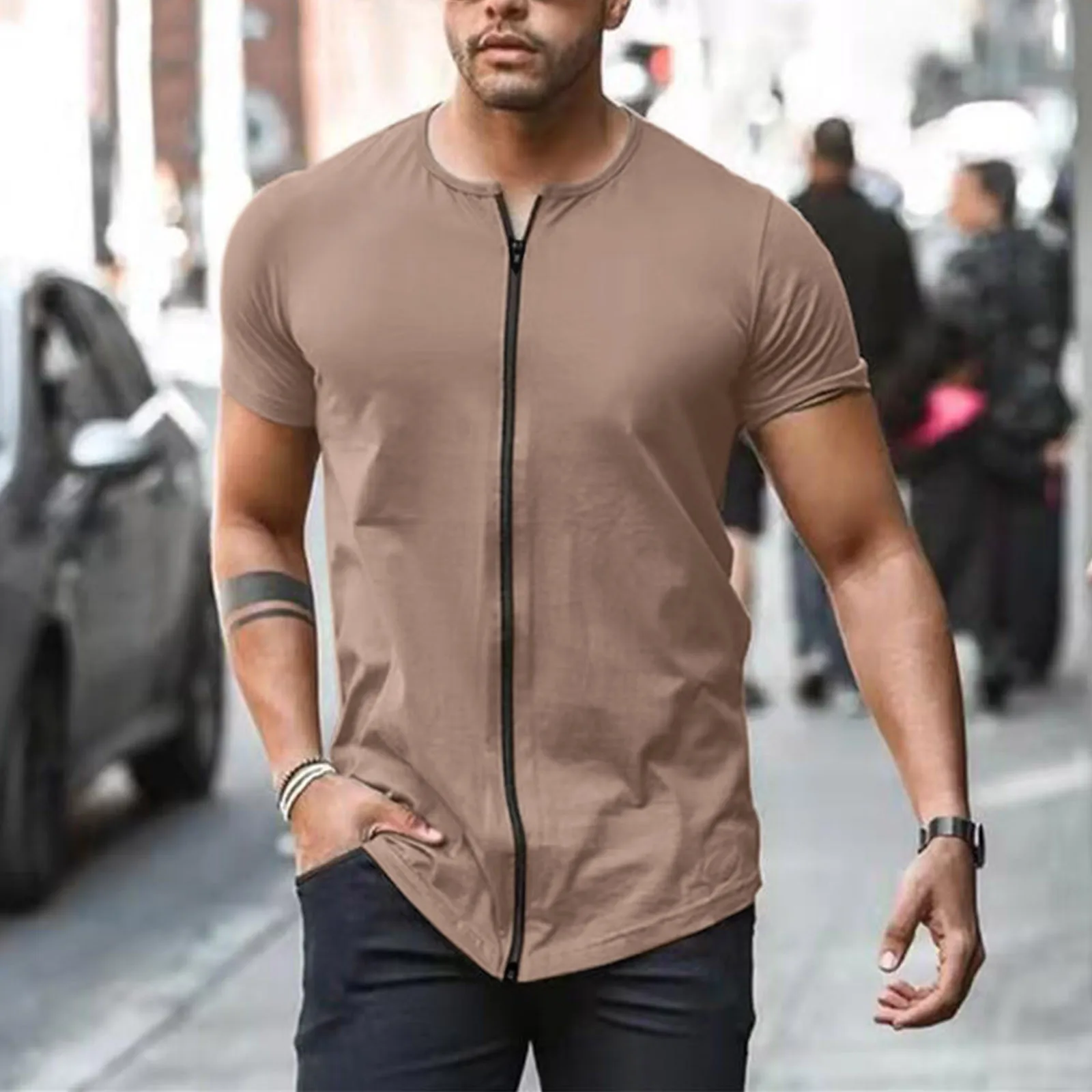 Male Summer Casual Zipper T Shirt Blouse Short Sleeve Round Neck Tops T Shirt