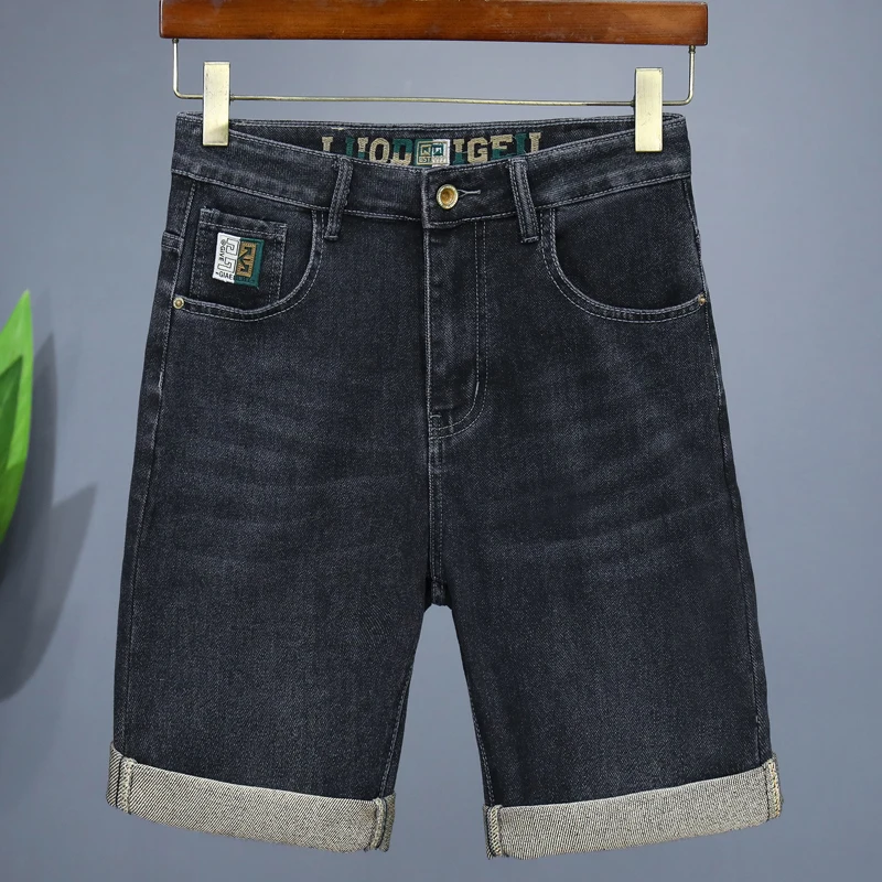 

Black Short Jeans Summer Thin Men's Elastic Straight Denim Shorts Fashion Embroidery Simple Korean Knee Length Casual Pants