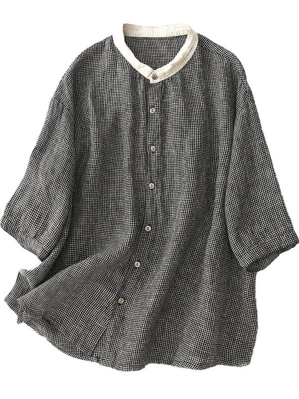 

Свободный крой из хлопка и льна irt ort Sve Stand Collar a Version Korean Sle Commute Wind Summer 2025 Plaid Pattern Button C...