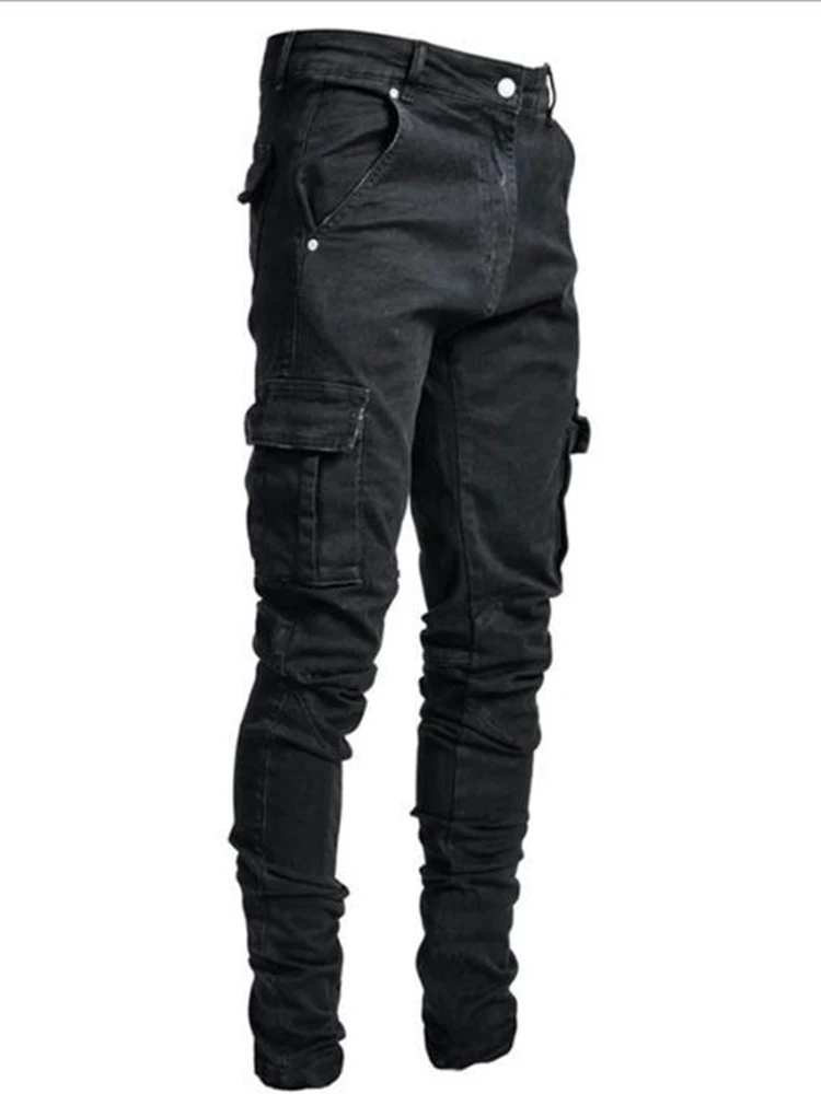 Men\'s Denim Cargo Pants Overalls Multi-Pocket Ripped Blue Black Jeans Spring  Hip Hop Boys Clothing Pencil Man Pants StreetWear