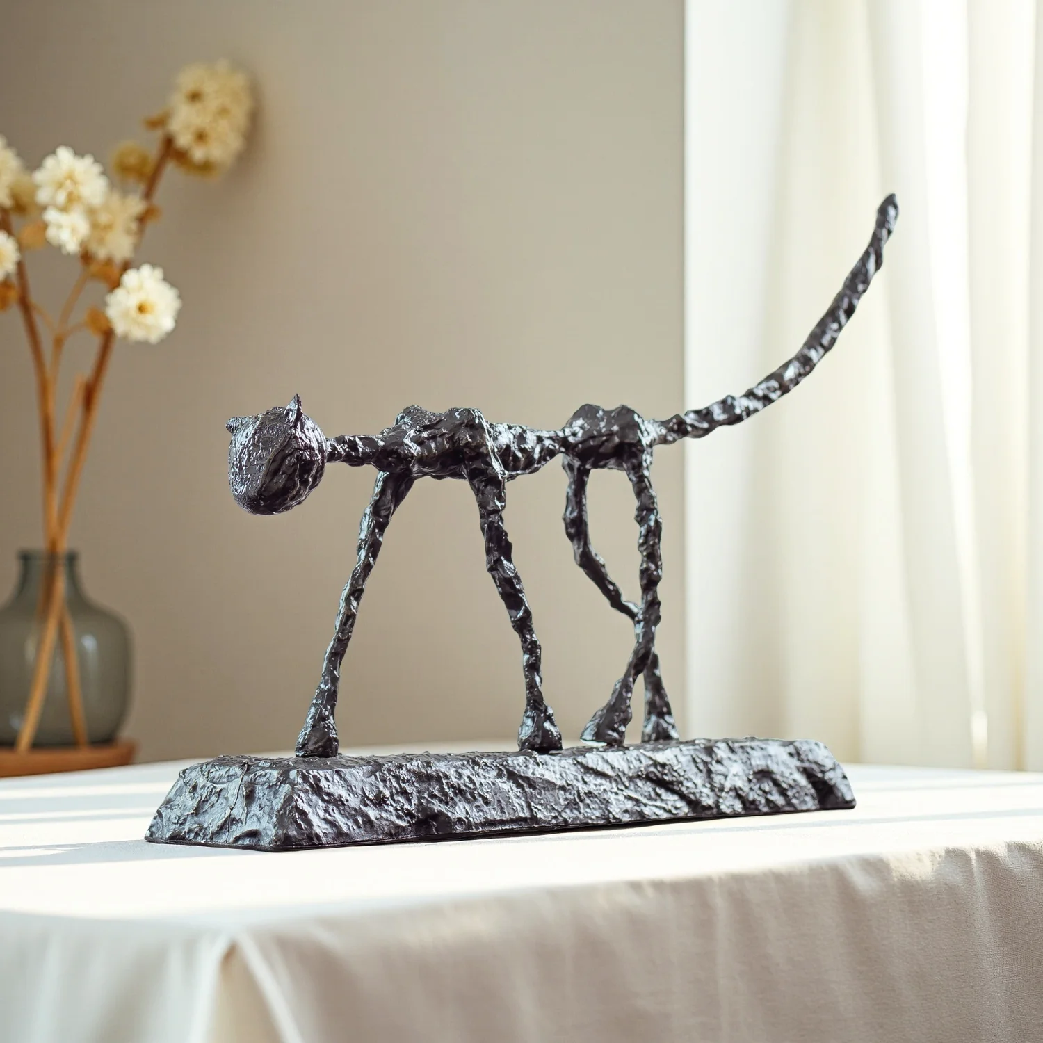 Antique Bronze Cat Statue Albet Giacometti Cat Sculpture Casting Animal Handcrafts Abstract Home Office Decor Gift Collection