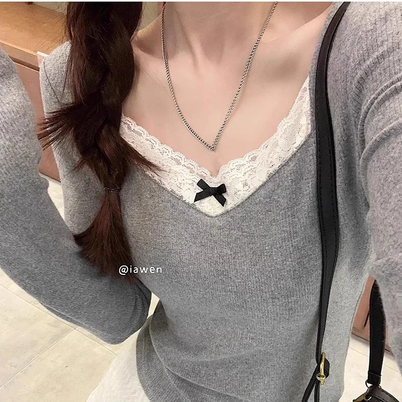 المرأة طويلة الأكمام قمم المحاصيل الدانتيل خليط ، المحملات النسائية ، الدافئة ، الحلو نمط Preppy ، أنيقة ، الأزياء الكورية ، الخريف ، الشتاء ، جديدة