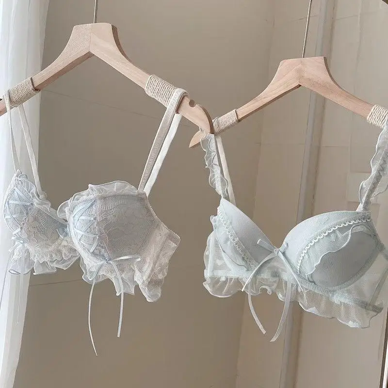 

32-38AB Синий бюстгальтер, милое кружевное нижнее белье для девочек, бюстгальтер пуш-ап с маленькой грудью без проводов, 63 56