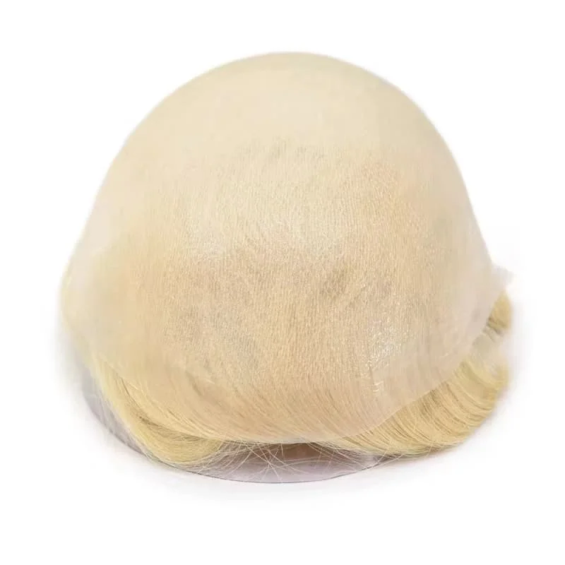 Ultra cienka skóra 0,02 mm V Loop męski tupet # System włosów dla mężczyzn, najjaśniejszy blond 613, 100% ludzkie włosy męskie, gęstość 90%-100%