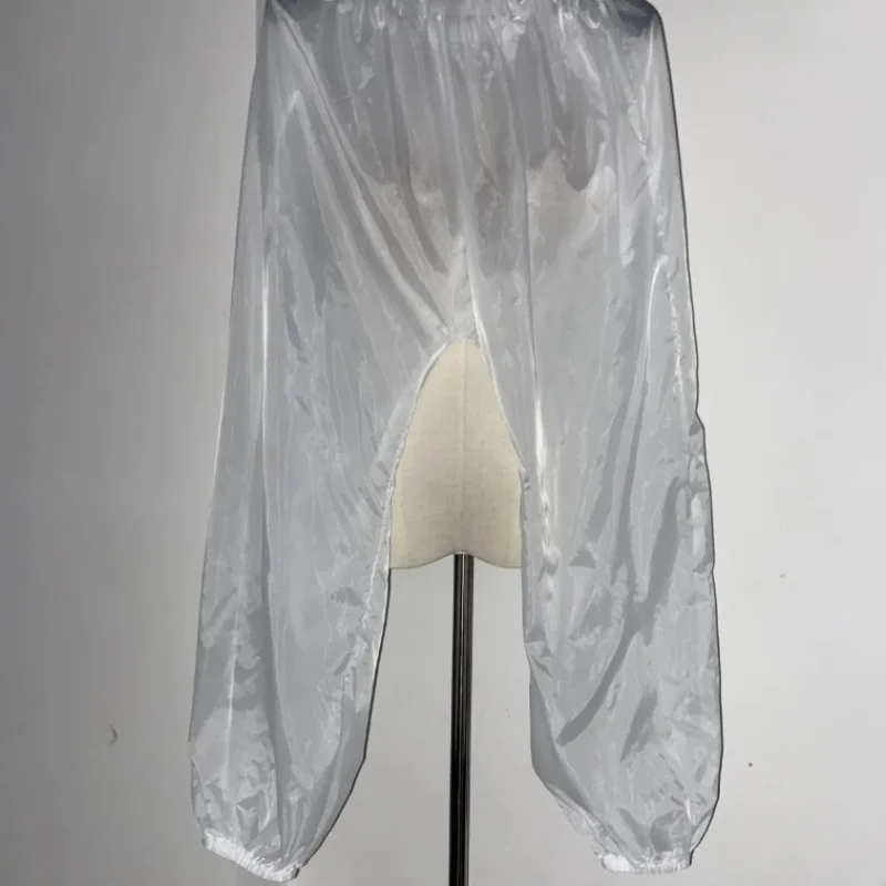 Plus Size Men Thin Invisible Bottom Pants Sissy Lantern Pants See Through Sexy Silky Pajamas Pants Smooth Nude Fit Casual Pants