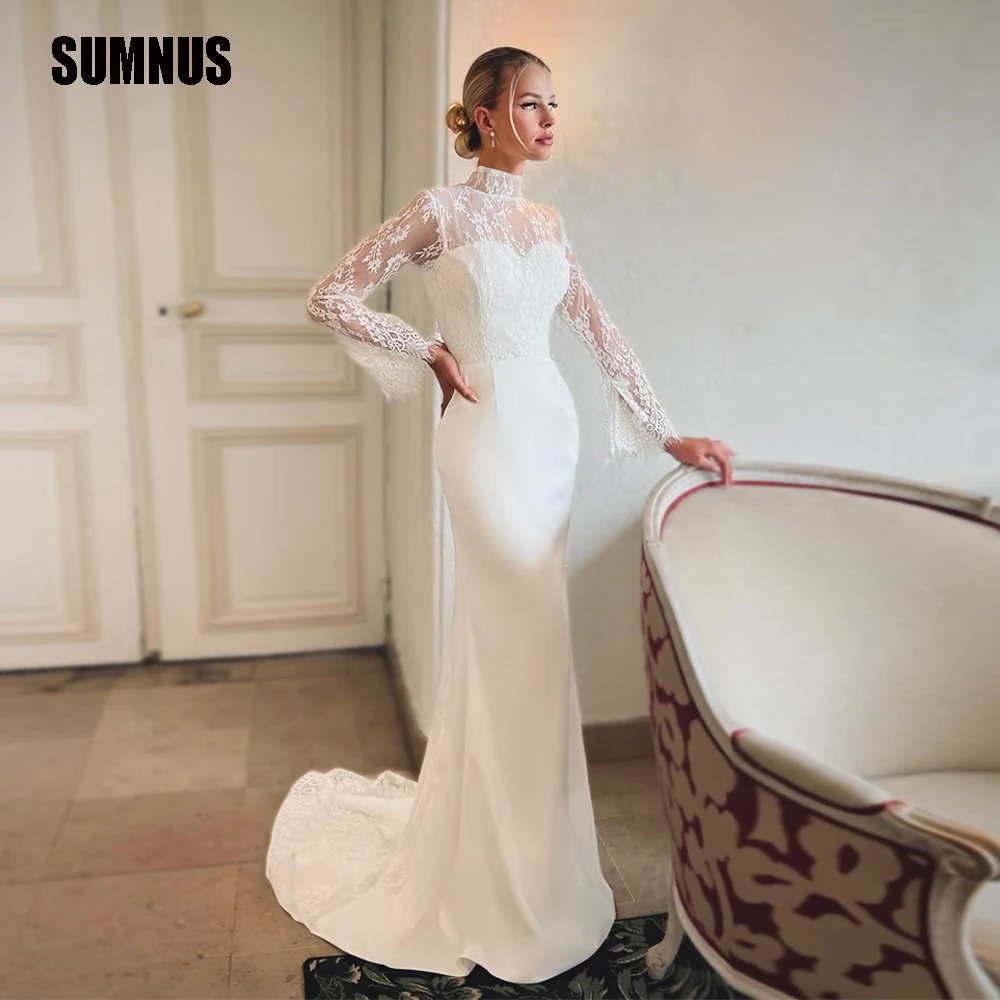 

SUMNUS Modern Mermaid Wedding Dresses Simple Vestido De Casamento Bride Dress Lace Beach Custom Made Bridal Gowns Robe De Mariée