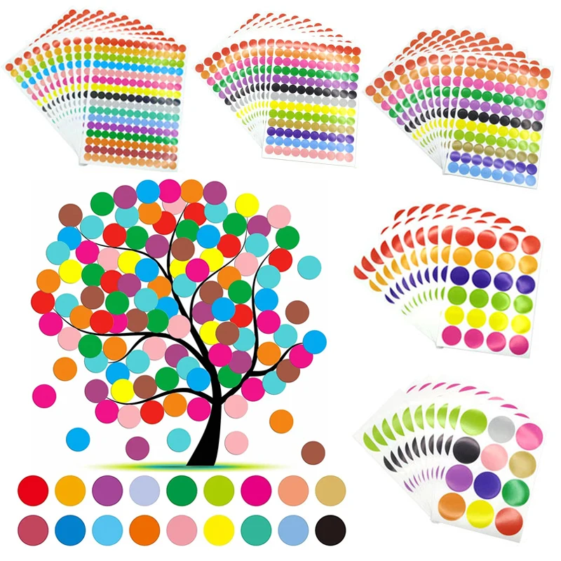 Adesivi decorativi a forma di cerchio colorato da 6-45 mm Adesivo decorativo per diario d'ufficio per vari contenuti di imballaggio Etichette per catalogo alimentare