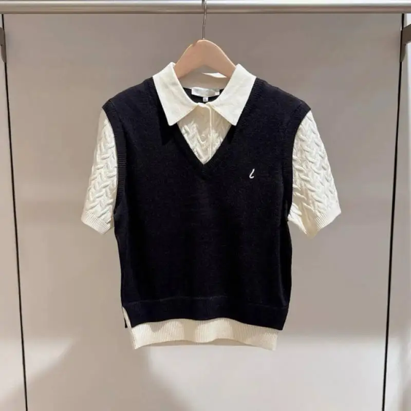 Women Knitted Short-sleeved Golf Clothing, New Casual Color-block Design Golf Sweater, Fake Two-piece Style Lapel Golf Top