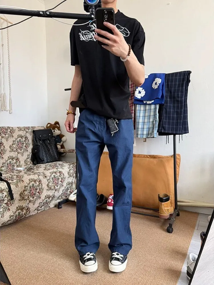 Blue Flared Casual Jeans Men's Leg Lengthening French Work Loose Fit American High Street Style mid Waist Zipper Closure