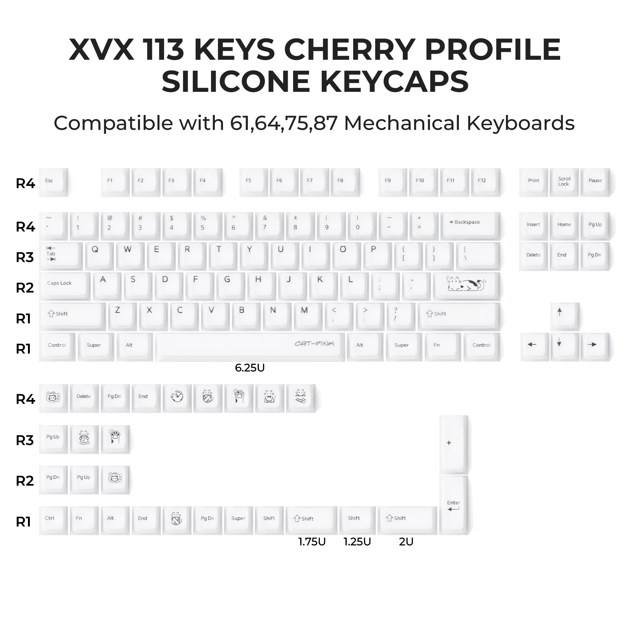 

XVX 113 Keys Silicone Keycaps PC Cherry Profile for 61/68/75/87 Custom Mechanical Keyboard Personalized White Key Caps