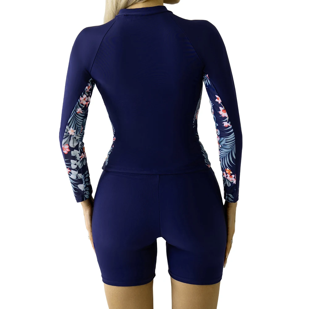 Traje de baño de dos piezas de manga larga con estampado Floral, ropa de playa de retazos, conjunto de Bikini con cremallera, pantalones cortos, 2024