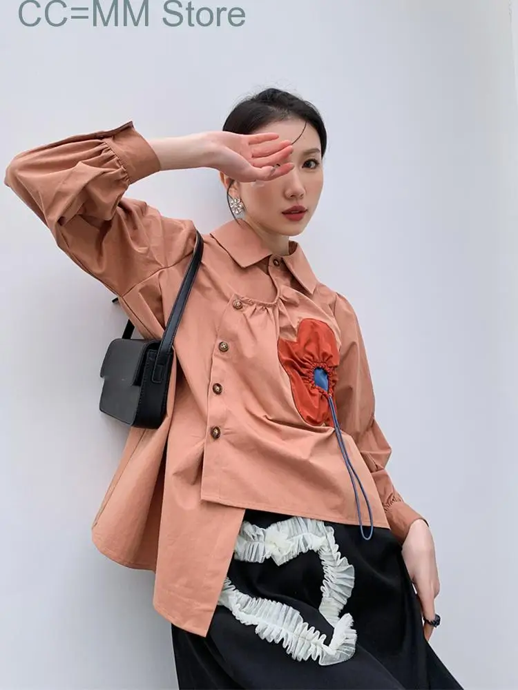 New Irregular Shirts For Women Lapel Single Breasted Flower Shirt Spring Summer Female Fashion Top Clothes