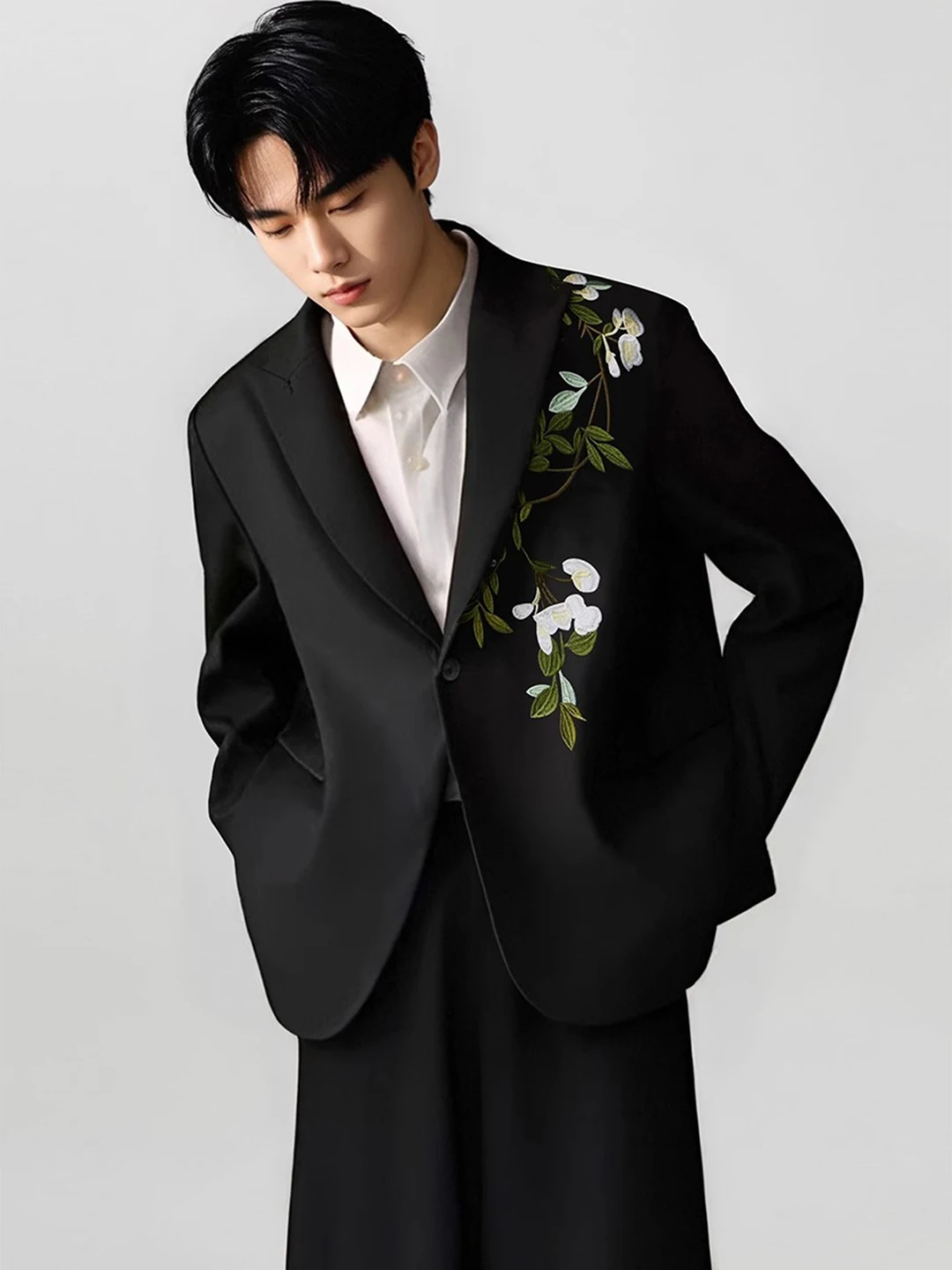 

adual Embroidery Tea Flower Suit Jaet Men's Loose Wedding Engagement Casual Sle Long Sve Stand Fit Single Button