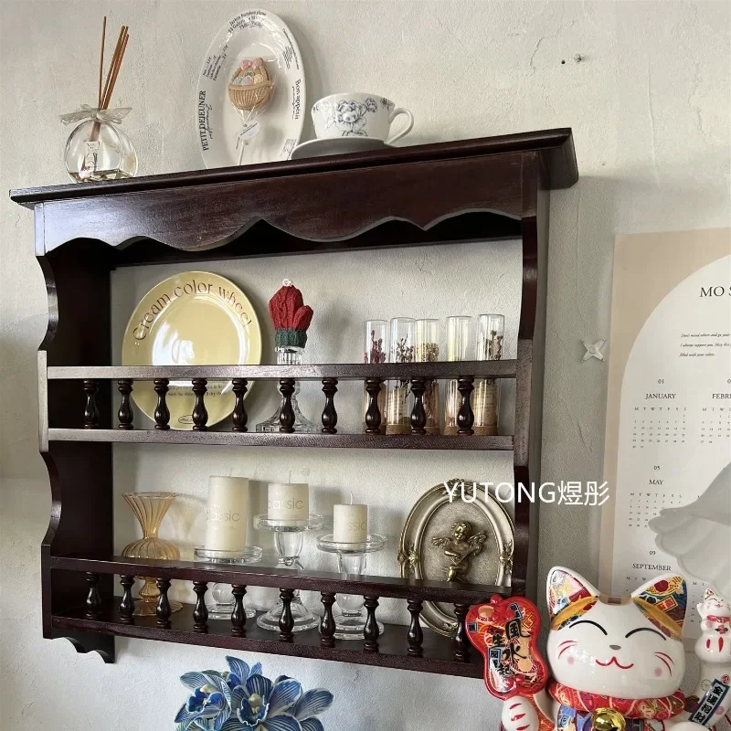 Vintage Wooden Wall-Mounted Cup Rack,Mid-Century Coffee Cup Display Cabinet,Rustic Kitchen Decor with Luxury Metal Accents