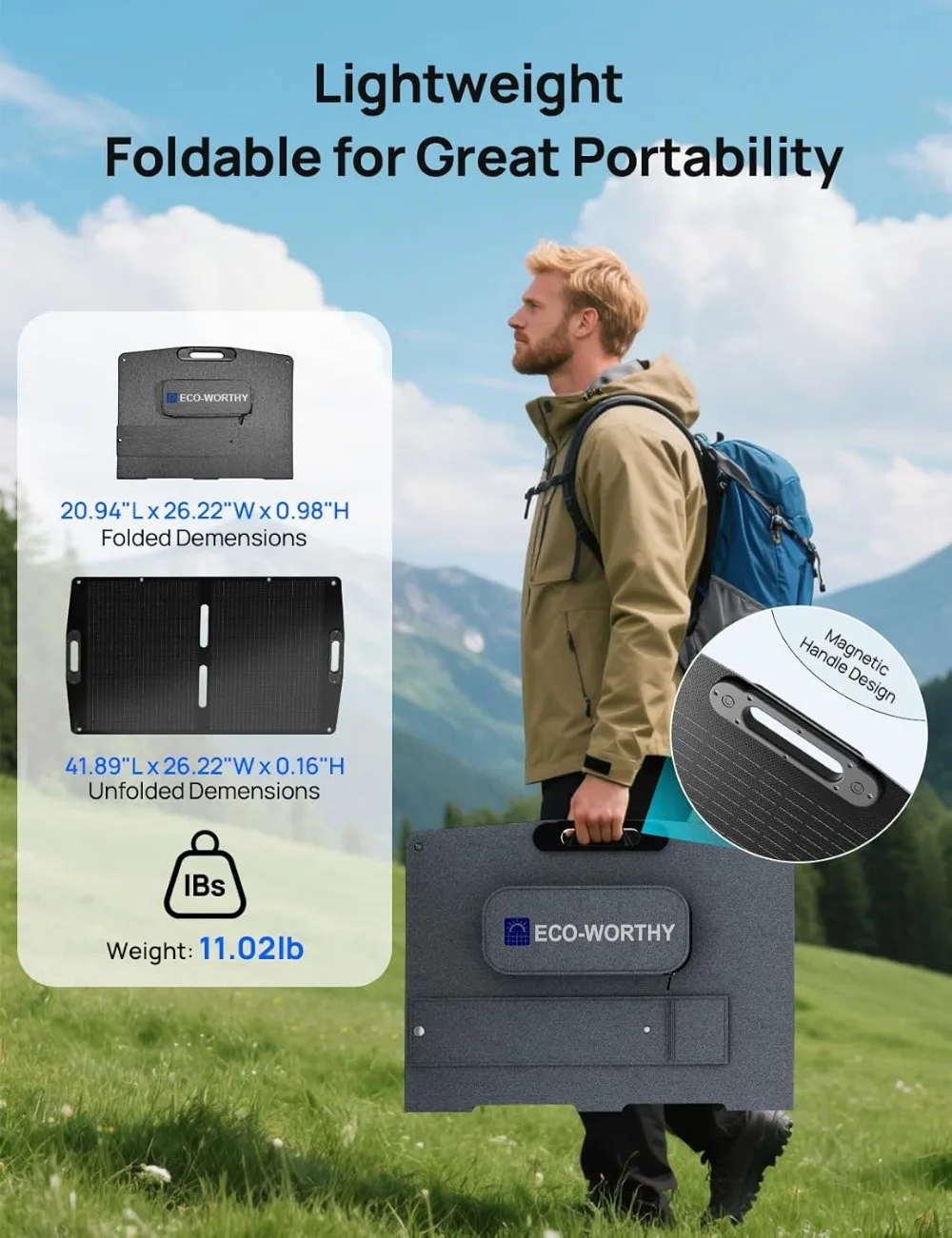 لوحة شمسية محمولة قابلة للطي بقدرة 100 وات، ETFE عالي الكفاءة 23%، مسند قابل للتعديل للتخييم والمشي لمسافات طويلة RV خارج الشبكة #6